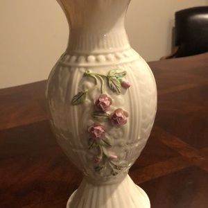 Belleek Vase with pink applied roses.